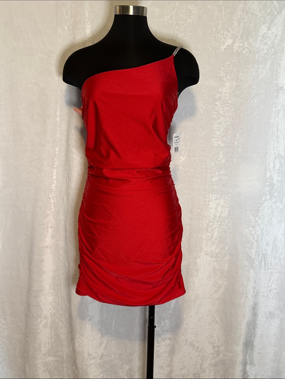 Red One-Shoulder Ruched Mini Dress - Brand: